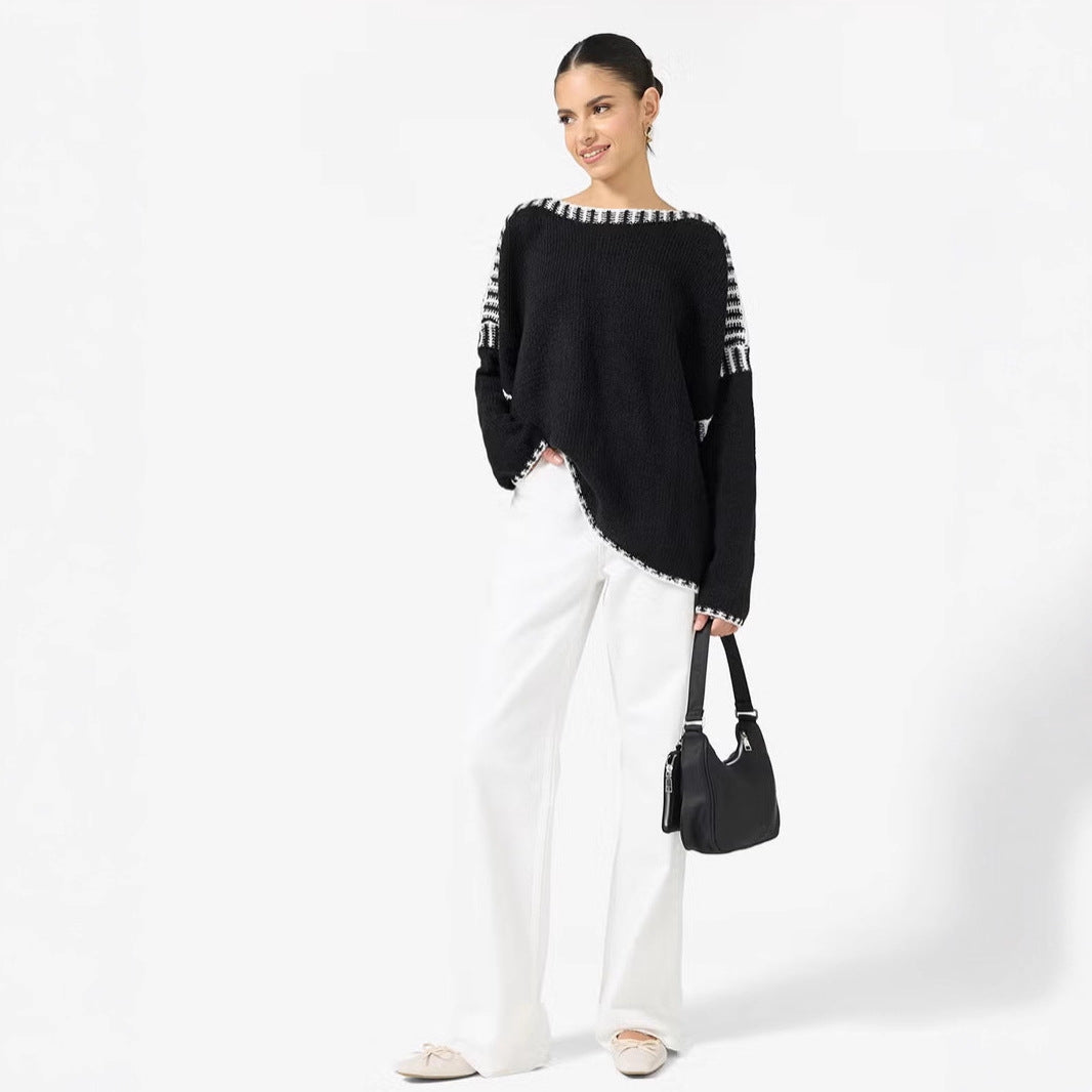 Damen Oversize Grobstrickpullover mit Kontraststreifen an Schultern und Saum EB