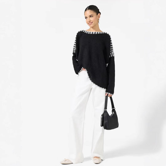 Damen Oversize Grobstrickpullover mit Kontraststreifen an Schultern und Saum EB