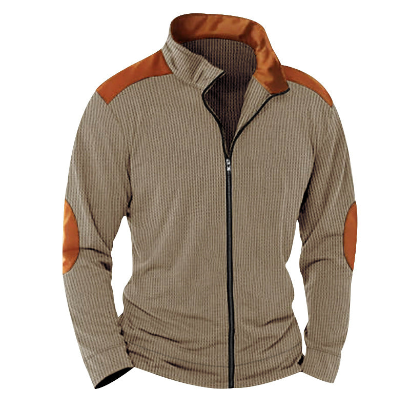 Herren nan strukturierte Strick‑Hybridjacke mit Stehkragen Kontrasteinsätzen und Ellbogenpatches EB