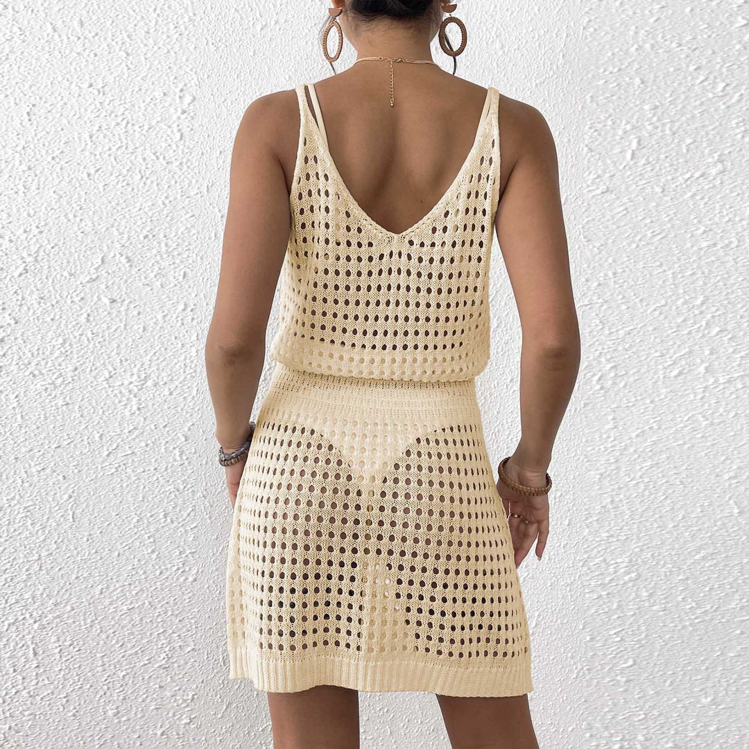 Damen Häkel-Strandkleid mit netzartigem Lochmuster und verstellbarem Schnitt EB