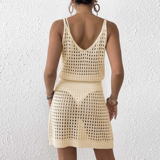 Damen Häkel-Strandkleid mit netzartigem Lochmuster und verstellbarem Schnitt EB
