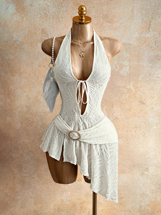 Damen nan figurbetontes Neckholder-Minikleid mit Schnürung, Cut-Out und asymmetrischem Wickelrock EB