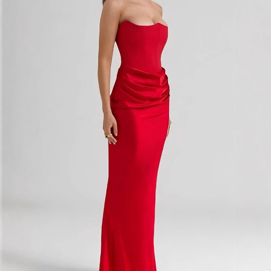 Damen Maxikleid mit Raffungen und elegantem Bustier-Ausschnitt EB