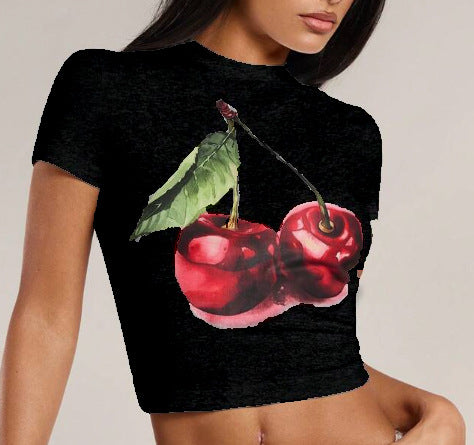 Damen Crop-T-Shirt mit fruchtigem Kirschmotiv und figurbetontem Schnitt EB