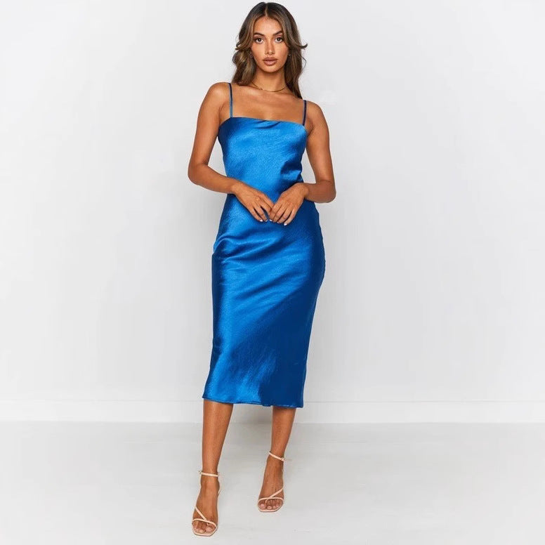 Damen Satin-Midikleid mit schmalen Spaghettiträgern und elegantem Schnitt EB