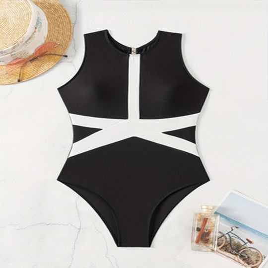 Damen Einteiliger Badeanzug mit sportlichem Reißverschluss und stylischem Farbblock-Design EB