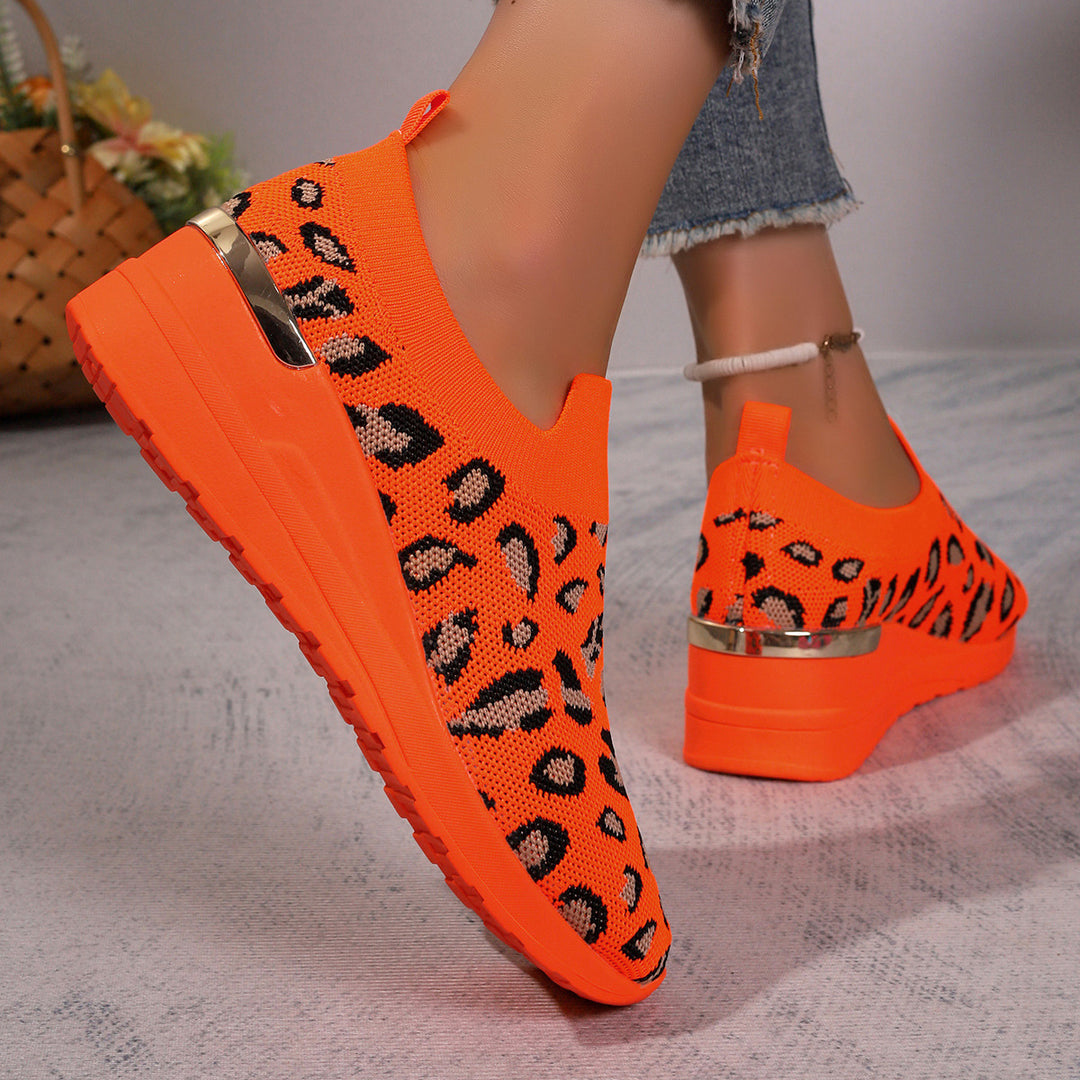 Damen  Sock-Sneaker mit elastischem Strickoberteil Leopardmuster und keilprofilsohle EB