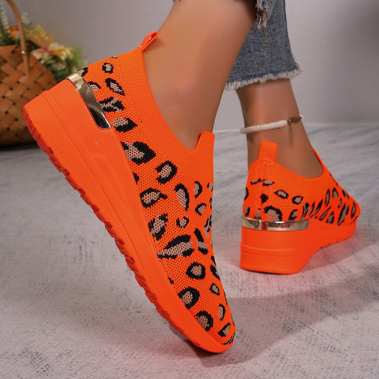 Damen  Sock-Sneaker mit elastischem Strickoberteil Leopardmuster und keilprofilsohle EB