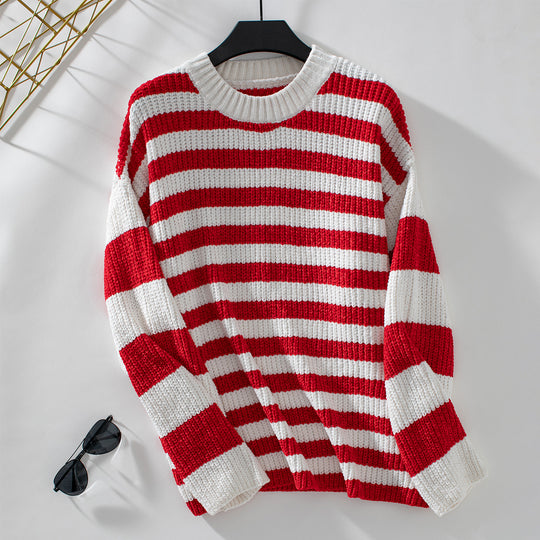 Damen lässiger Streifenpullover mit weichem Strukturstrick EB