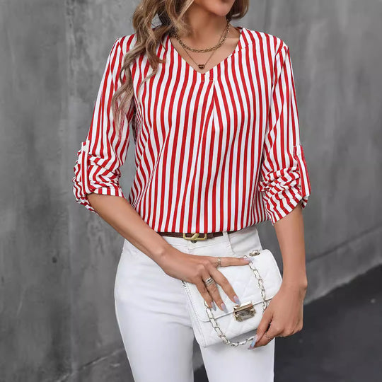 Damen Bluse mit stilvollem Streifenmuster und modernem V-Ausschnitt EB
