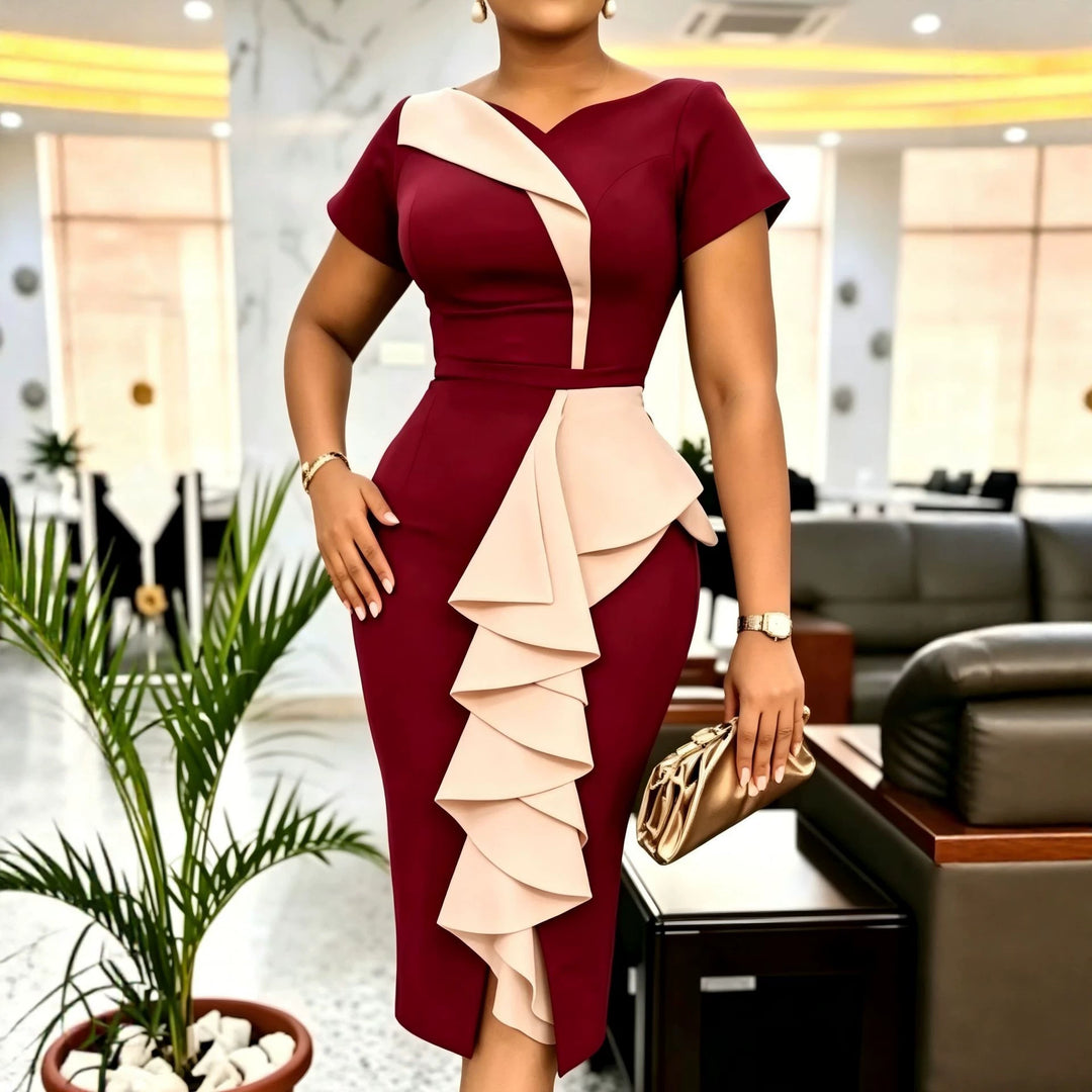 Damen Elegantes Midikleid mit asymmetrischem Rüschendesign EB