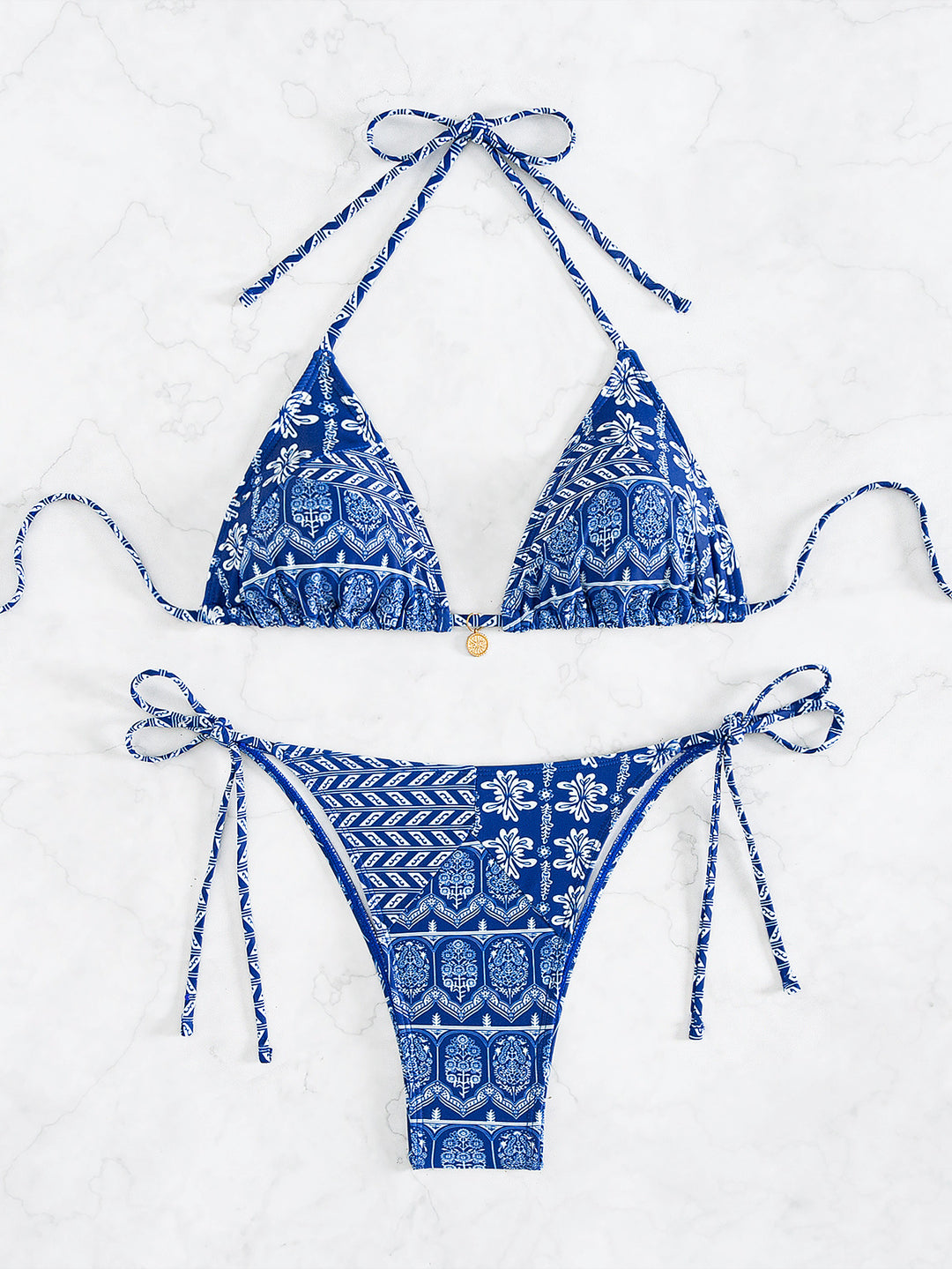 Damen Triangel-Bikini mit verspielt floralem Design und bindbaren Trägern EB
