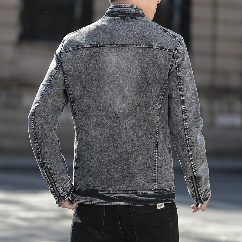 Herren Jeansjacke im Vintage-Washed Slim-Fit mit Stehkragen und Reißverschluss EB