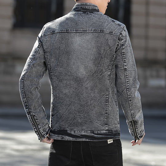 Herren Jeansjacke im Vintage-Washed Slim-Fit mit Stehkragen und Reißverschluss EB