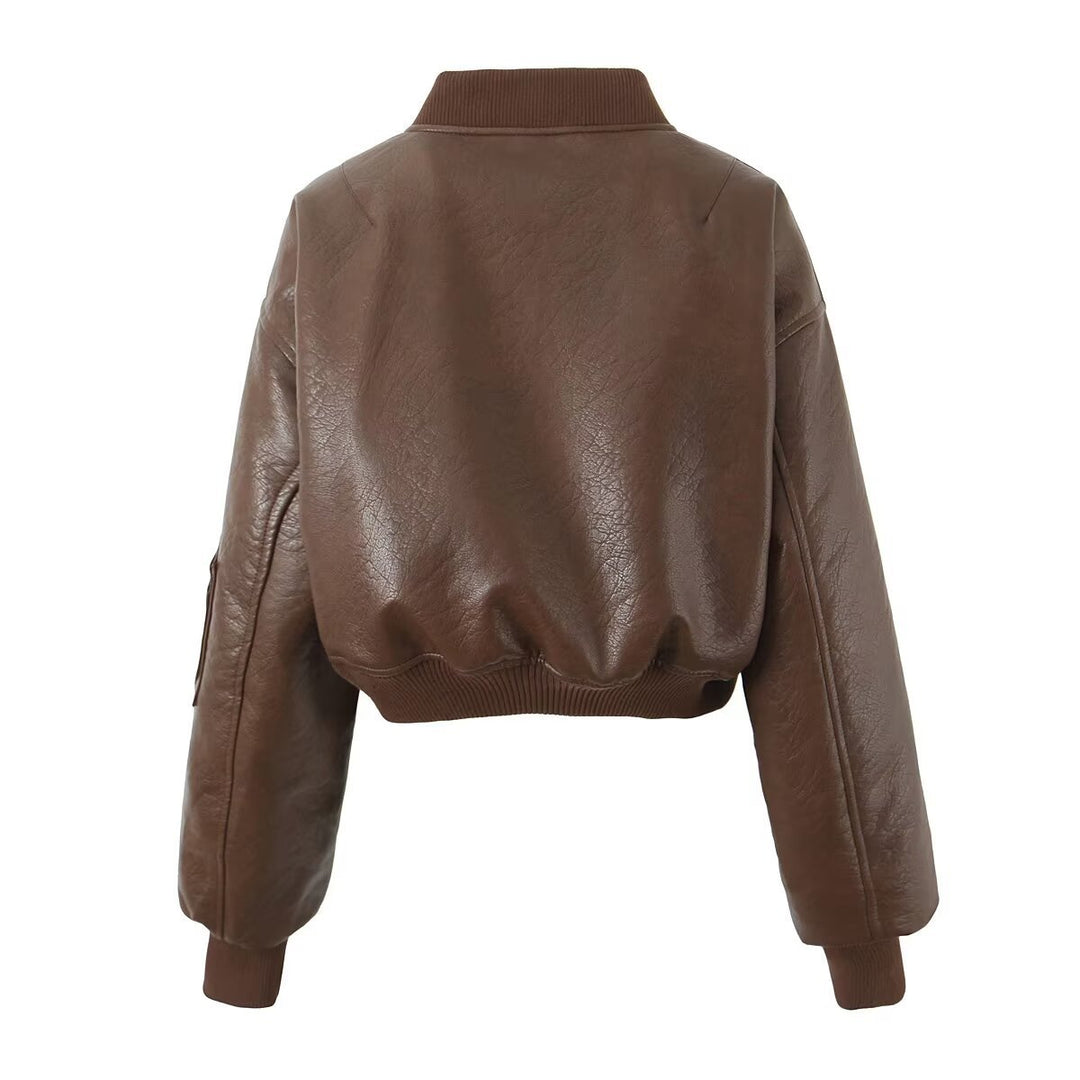 Damen cropped Kunstlederjacke mit Reißverschluss und praktischen Taschen EB