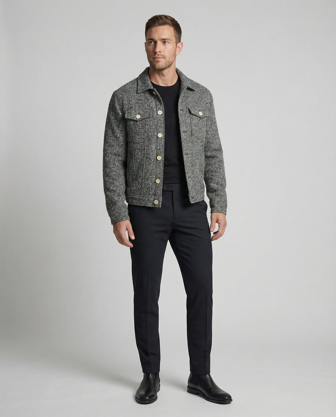 Herren kurzer Bouclé Blouson mit kastiger Silhouette Pattentaschen und Rippbündchen EB