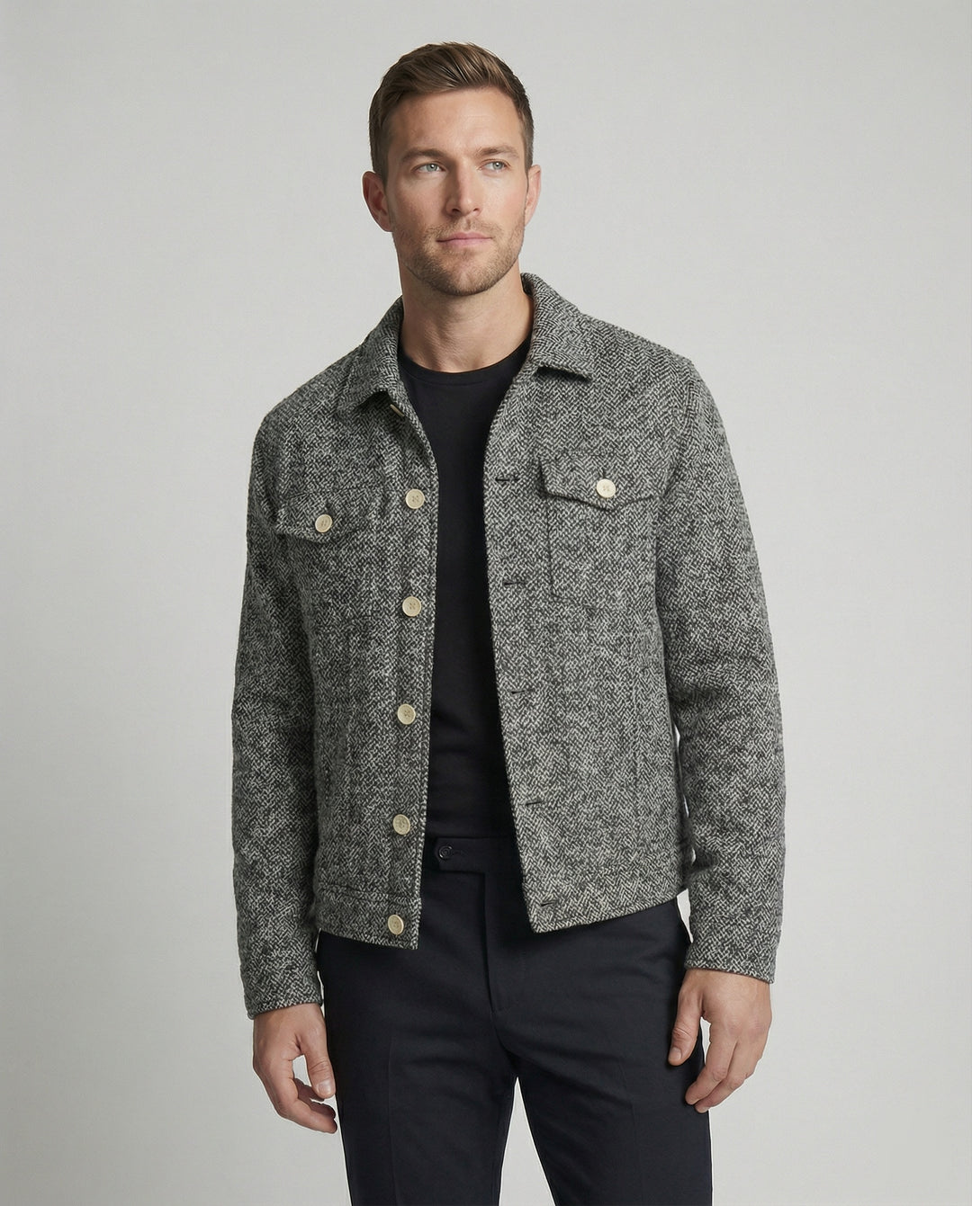 Herren kurzer Bouclé Blouson mit kastiger Silhouette Pattentaschen und Rippbündchen EB
