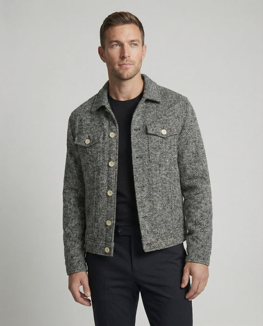 Herren kurzer Bouclé Blouson mit kastiger Silhouette Pattentaschen und Rippbündchen EB