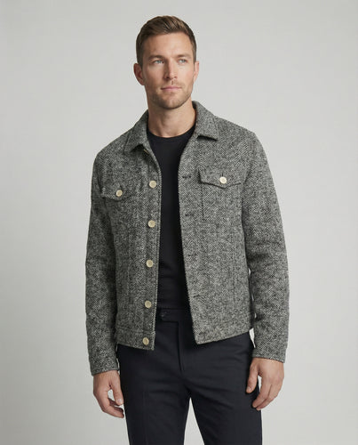Herren kurzer Bouclé Blouson mit kastiger Silhouette Pattentaschen und Rippbündchen EB