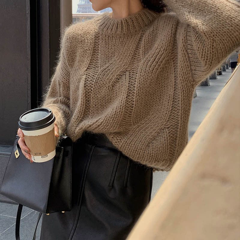 Damen Grob gestrickter Pullover mit hohem Kragen und weitem Schnitt EB
