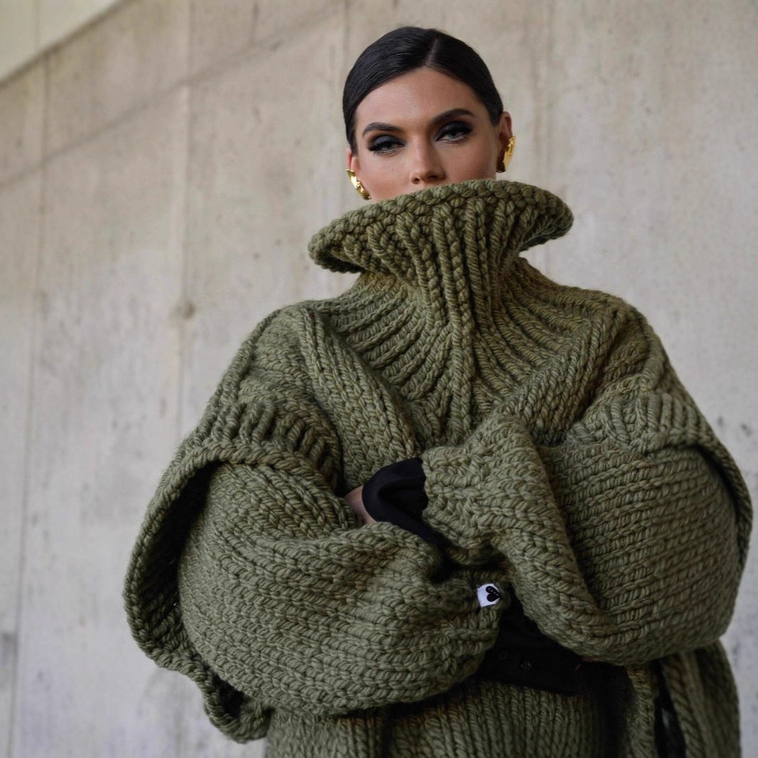 Damen Oversized Strickpullover mit hohem Kragen und voluminösen Ärmeln EB