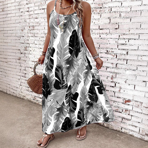 Damen Maxikleid mit aufregendem Blattmuster und schmalen Trägern EB