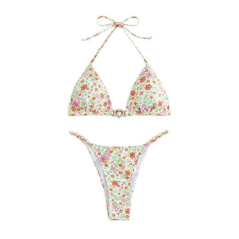 Damen Triangel-Bikini mit dekorativen Kettendetails und floralen Akzenten EB