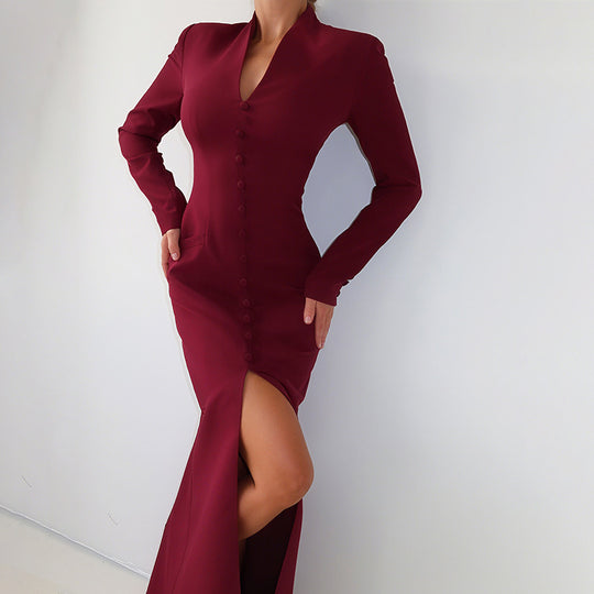 Damen Elegantes Maxikleid mit tailliertem Schnitt und Knopfleiste EB