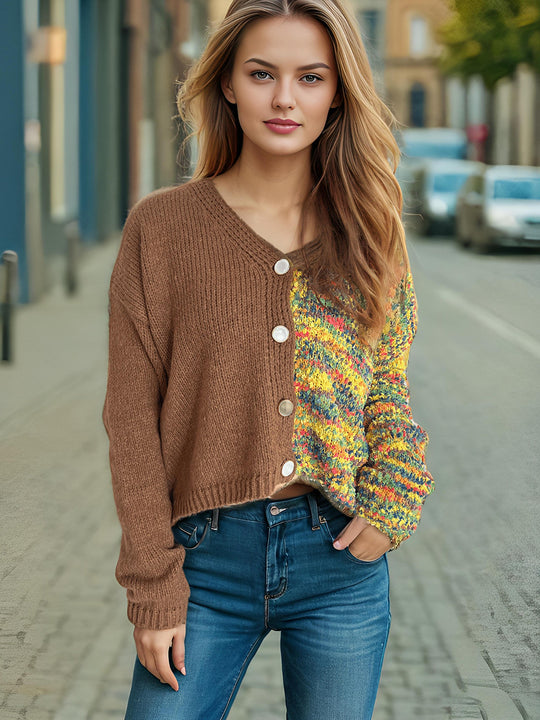 Damen lässige Strickjacke mit farbenfrohen Akzenten und Knopfdetails EB