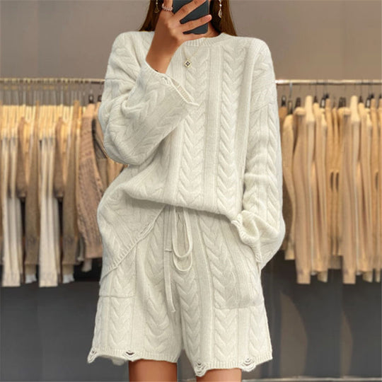 Damen nan kuscheliges Zopfmuster-Strickset mit Rundhals-Pullover und Taillen-Shorts EB