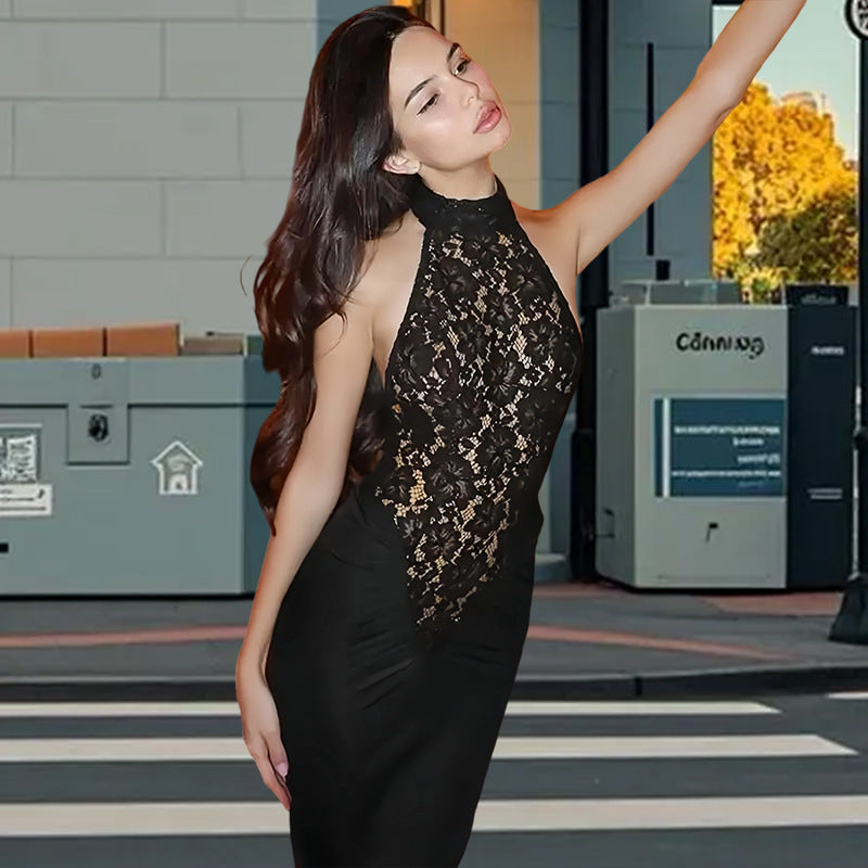 Damen Elegantes Spitzen-Maxikleid mit tiefem V-Ausschnitt und figurbetontem Schnitt EB