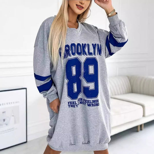 Damen Oversized Freizeitkleid mit abgerundetem Saum und V-Ausschnitt EB