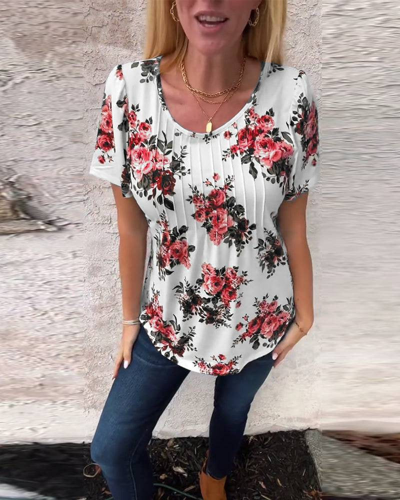 Damen nan Kurzarmbluse mit Kellerfalten, Rundhalsausschnitt und floralem Allover-Print EB
