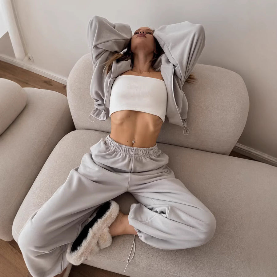 Damen oversized Kapuzenjacke mit Reißverschluss und weiten Jogginghose Lounge-Set EB
