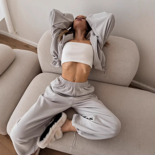 Damen oversized Kapuzenjacke mit Reißverschluss und weiten Jogginghose Lounge-Set EB