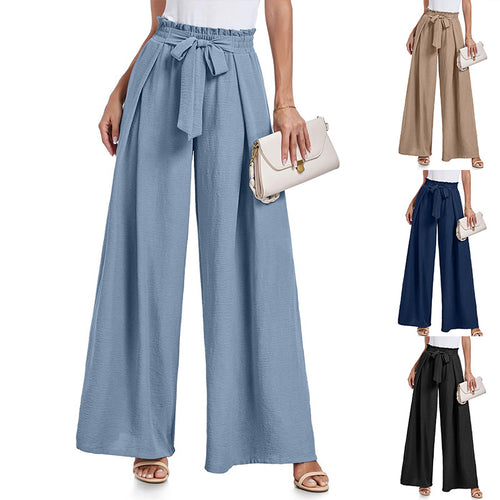 Damen weite Hochbundhose mit Taillengürtel und fließendem Stoff EB