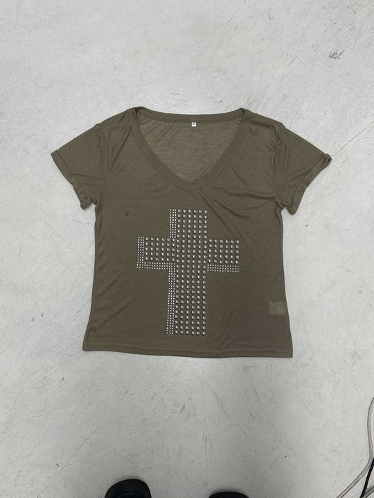 Damen V-Ausschnitt T-Shirt mit stilvollem Nieten-Dekor EB