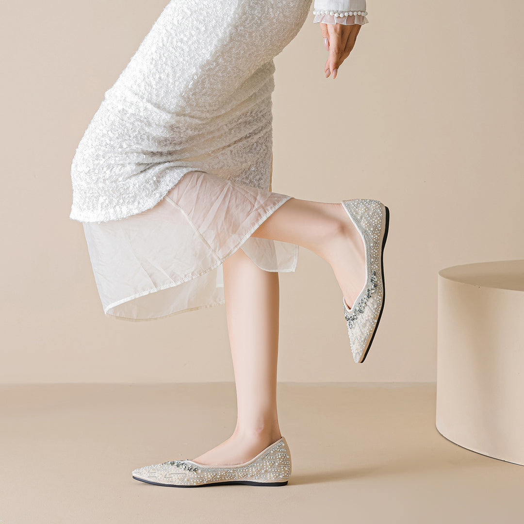 Damen Ballerinas mit funkelnder Strass- und Perlenverzierung EB