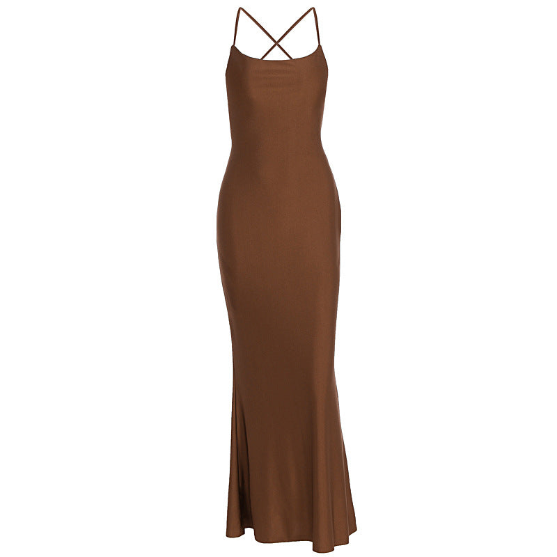 Damen elegantes Bodycon Maxikleid mit schulterfreiem Design und feinen Trägern EB