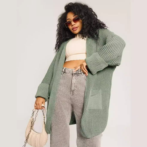 Damen Oversized Strickjacke mit großen Taschen und bequemen Rippenärmeln EB