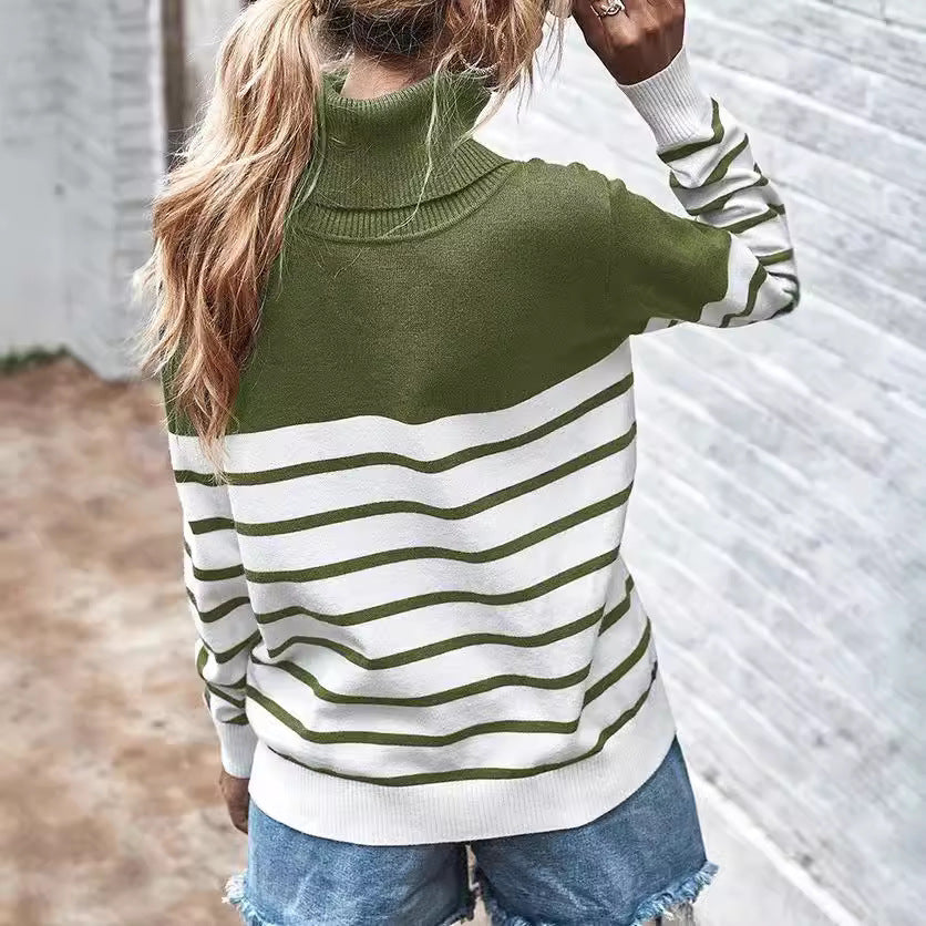 Damen Strickpullover mit einem modernen Hochkragen und breitem Streifenmuster EB