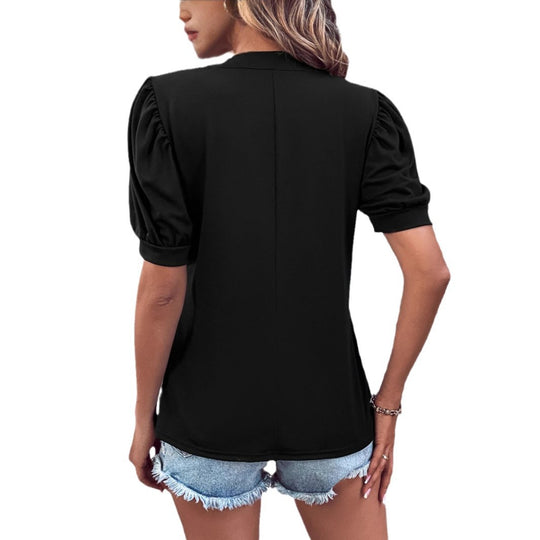 Damen elegantes Blusenshirt mit Puffärmel und V-Ausschnitt EB
