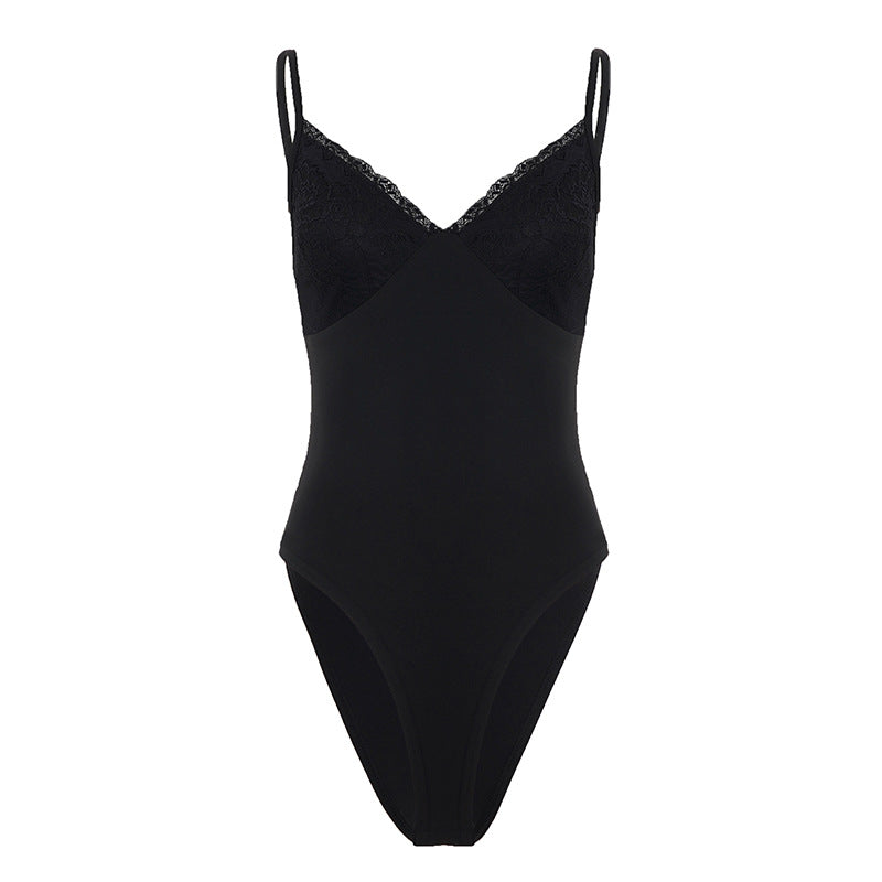 Damen eleganter Bodysuit mit Spitzenakzenten und verstellbaren Trägern EB