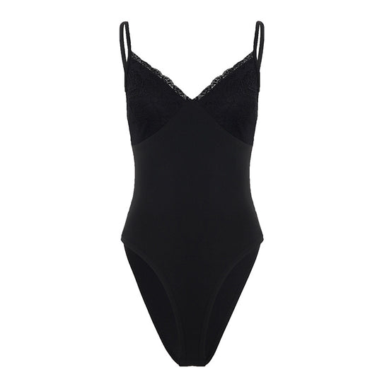 Damen eleganter Bodysuit mit Spitzenakzenten und verstellbaren Trägern EB