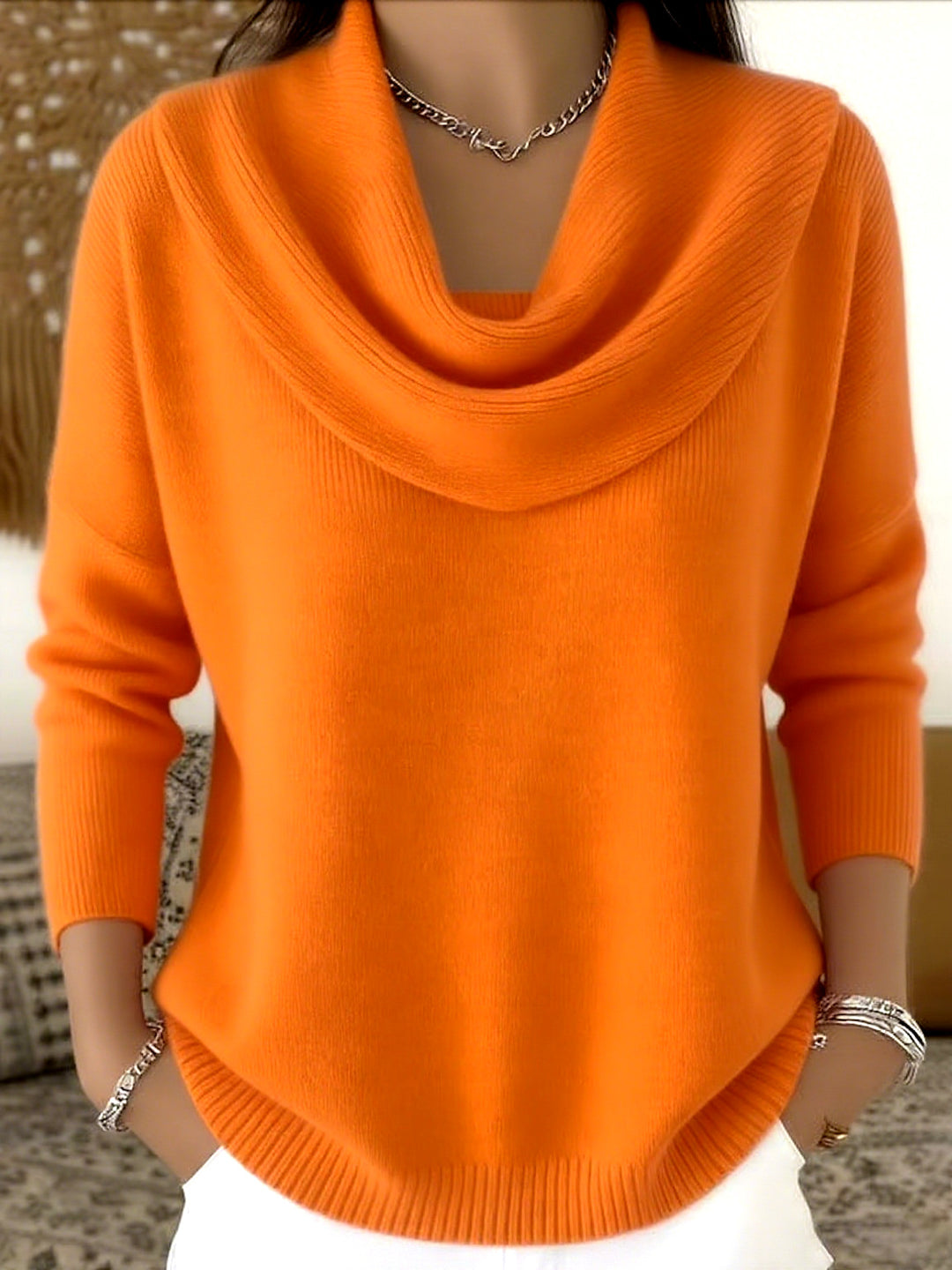 Damen nan schimmernder Strickpullover mit Wasserfallkragen, feiner Glitzerstruktur und schmalem Saum EB