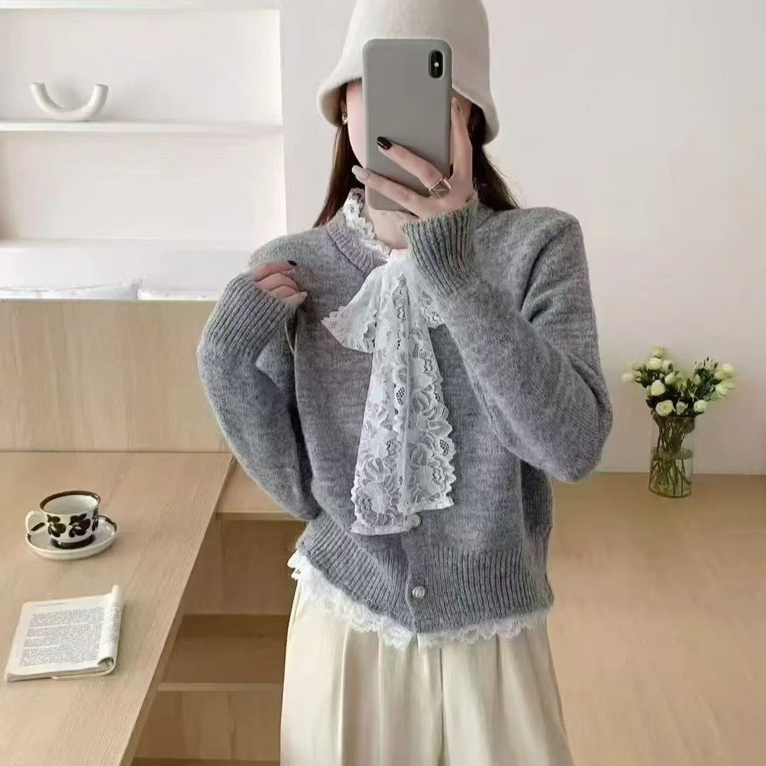 Damen Strickcardigan mit Lagenlook und Spitzenkragen EB
