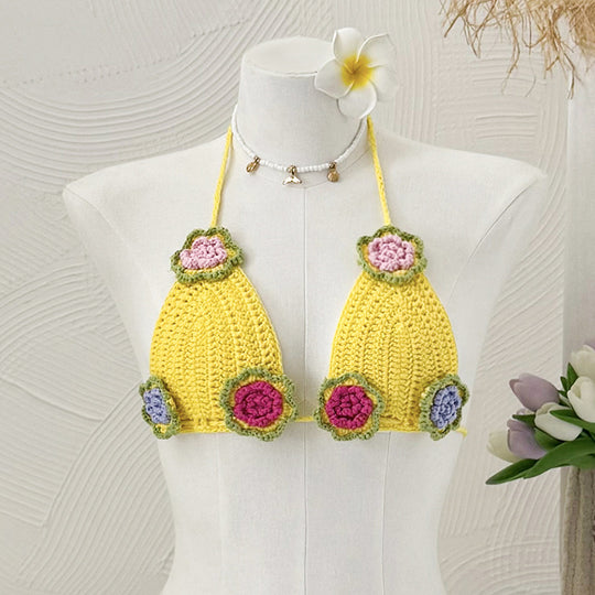 Damen Häkel-Bikini-Oberteil mit floralen Akzenten und verstellbaren Trägern EB