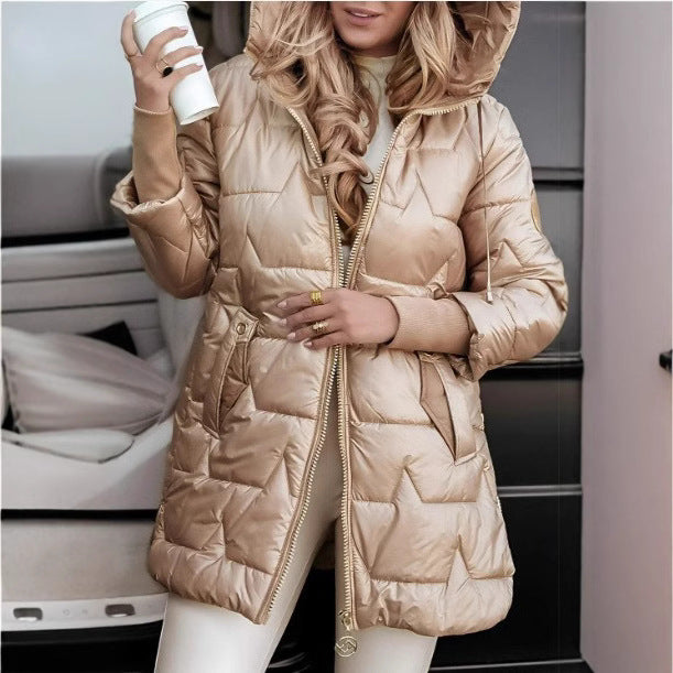 Damen Lange Steppjacke mit Kapuze und praktischen Taschen EB