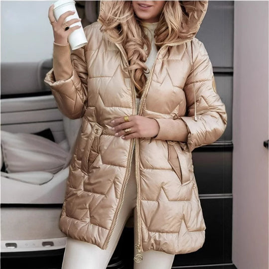 Damen Lange Steppjacke mit Kapuze und praktischen Taschen EB