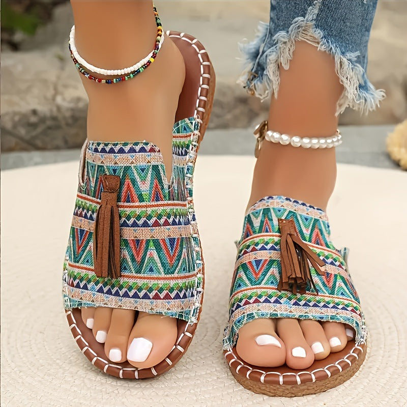 Damen Riemensandalen mit geflochtenem Muster und dekorativen Fransen EB